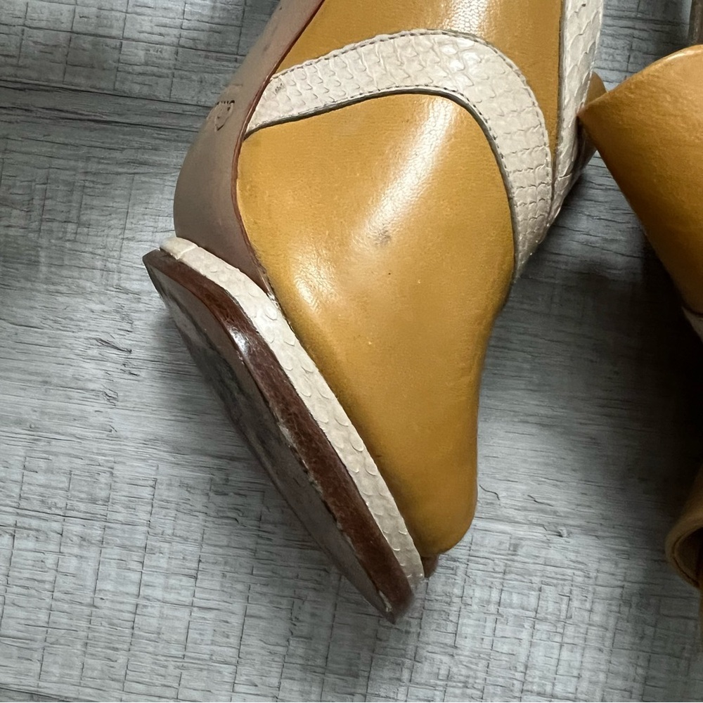 CHLOE Snakeskin Embossed And Leather Slingback Heeled Sandals 37 Mustard Cream - Picture 11 of 16